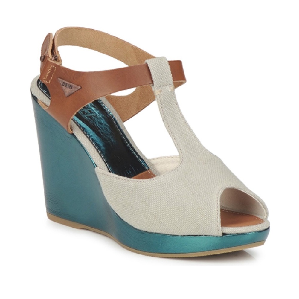 DIESEL Leather & Canvas T Strap Peep-Wedge